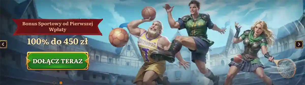 Sports betting bonus banner featuring fantasy-style athletes playing basketball and football in action poses, with Polish text promoting a first deposit sports bonus of 100% up to 450 PLN and a green “Join Now” call-to-action button on a dynamic stadium-themed background.