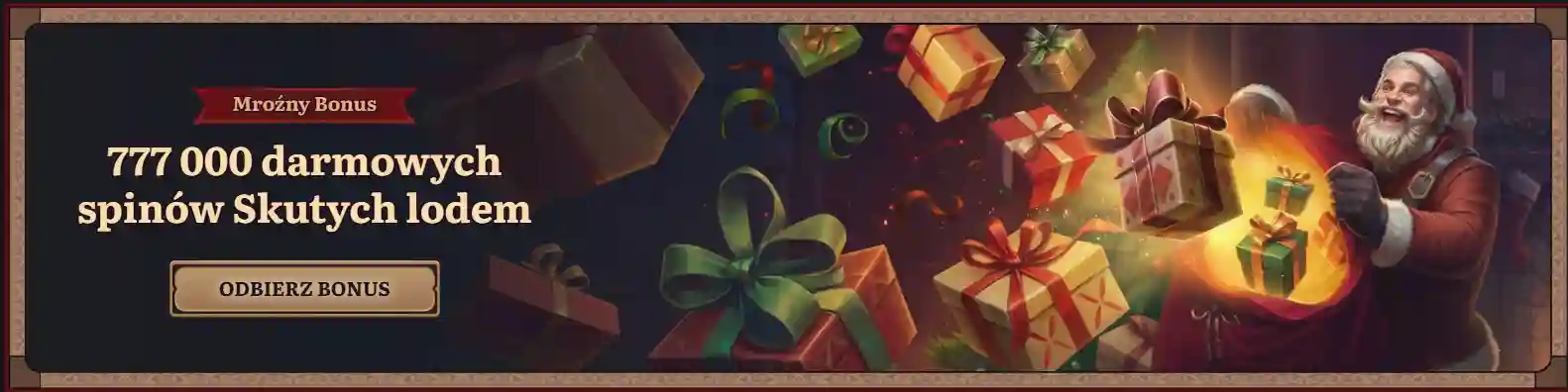 Festive casino bonus banner featuring a Santa Claus character surrounded by glowing gift boxes and holiday decorations, with Polish text promoting a frozen bonus of 777,000 free spins and a “Claim Bonus” call-to-action button on a dark, winter-themed background.