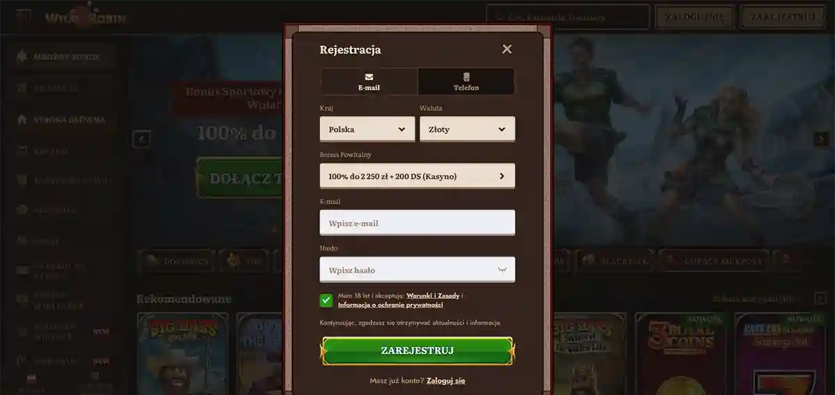 Online casino registration popup in Polish showing country set to Poland and currency set to złoty, with email and password input fields, a welcome bonus of 100% up to 2,250 PLN plus 200 free spins, an age and terms acceptance checkbox, and a green “Register” button over a blurred gaming interface background.
